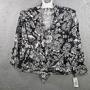 NEW Calessa Shirt Top Women Large Tie Front Floral Print Button Up Black White